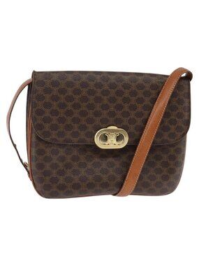 Authentic CELINE Macadam Canvas Shoulder Bag PVC Leather Brown Gold
